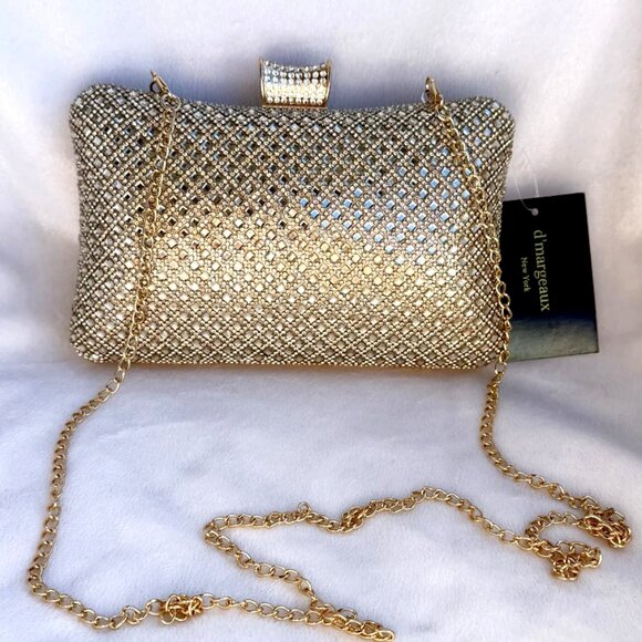 D’margeaux New York Handbags - D’margeaux New York Sparkling Gold Rhinestone Evening Clutch Bag Chain NWT